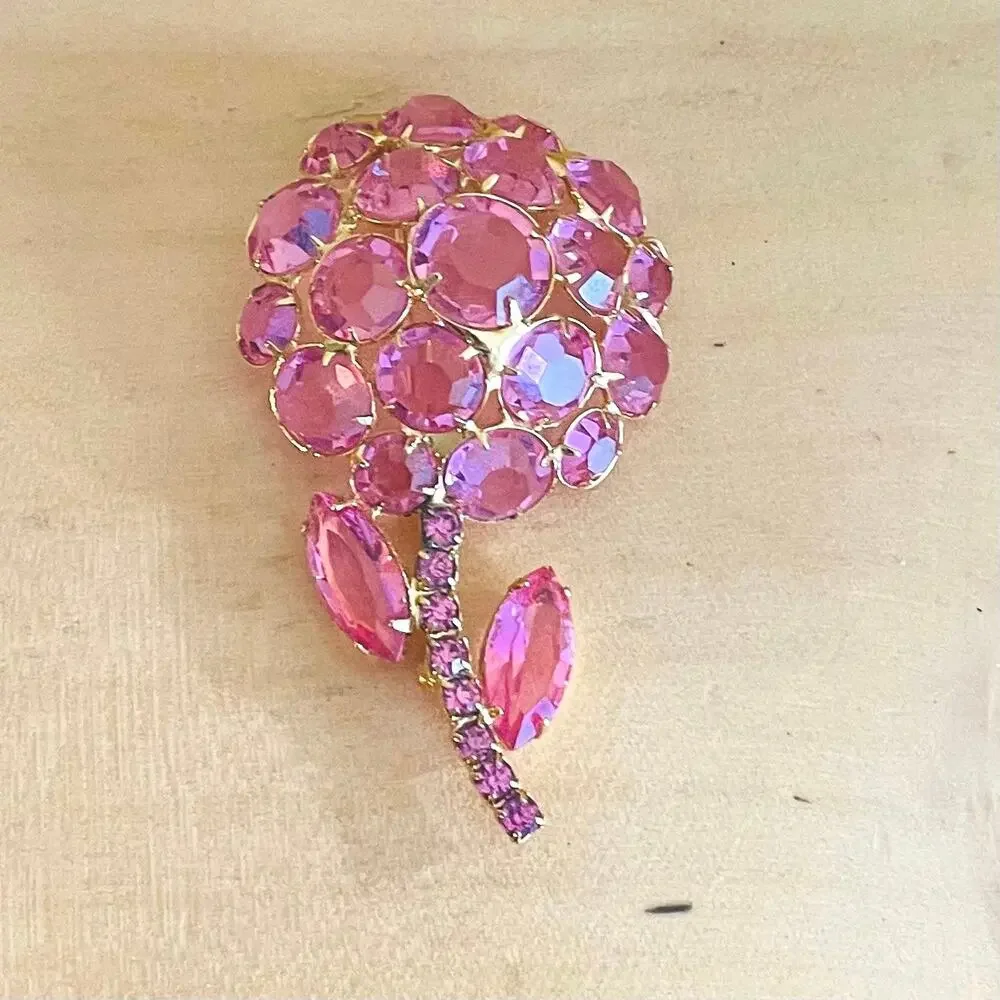 Vtg 60s Juliana DeLizza Elster Pink Rhinestone Flower Brooch Pin Original Box